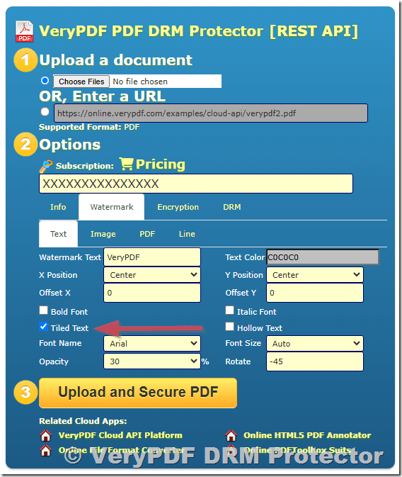 How to Add Tiled Watermark Text to PDF Files Using VeryPDF DRM Protector Web Application