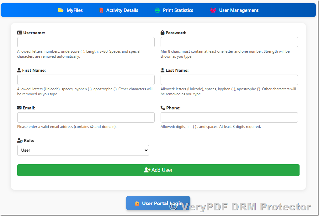 User Management and User Portal Login in VeryPDF DRM Protector