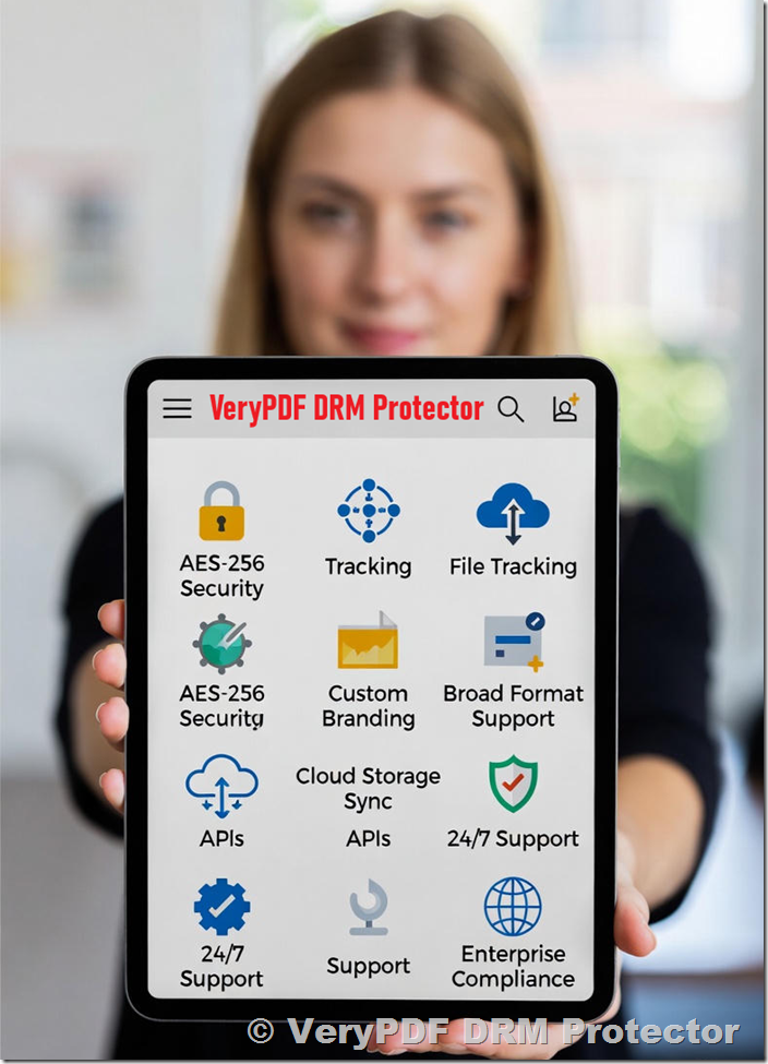 VeryPDF DRM Protector Features: AES-256 Security, File Tracking, Custom Branding, Broad Format Support, Cloud Storage Sync, APIs, 24/7 Support & Enterprise Compliance