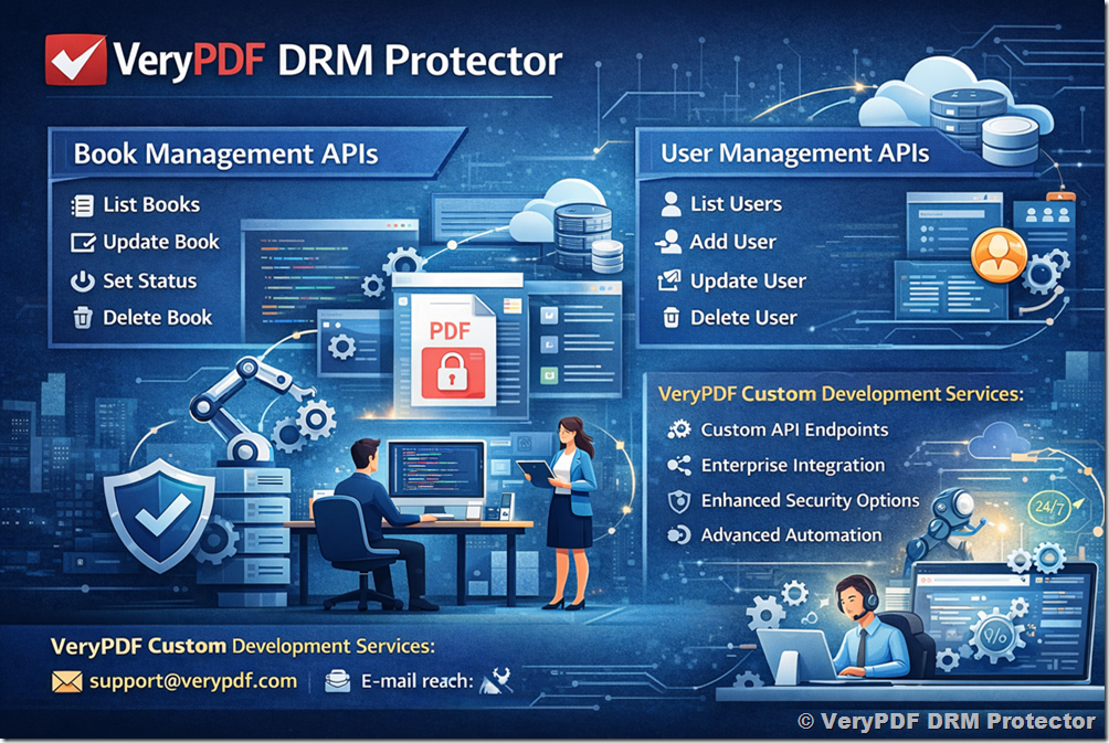 VeryPDF PDF DRM API Documentation | PDF Protection Integration | PDF Security Management | User & Book Management APIs | Enterprise PDF Access Control | PDF Rights Management | Secure PDF Automation VeryPDF PDF DRM API Documentation | PDF Protection Integration | PDF Security Management | User & Book Management APIs | Enterprise PDF Access Control | PDF Rights Management | Secure PDF Automation