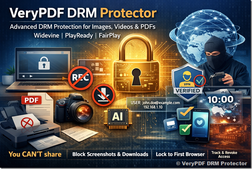 [Solution] VeryPDF DRM Protector Custom Development Service. Hardware-Level DRM Protection for Images, Videos, and PDFs Using Widevine, PlayReady, and FairPlay