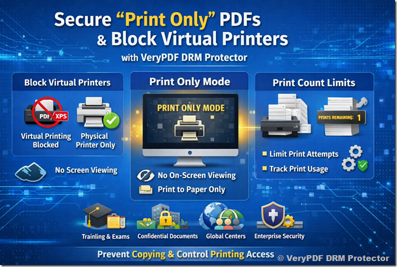 [Solution] How to Enforce Secure "Print-Only" PDF Access, No On-Screen Viewing and Block Virtual Printers with VeryPDF DRM Protector