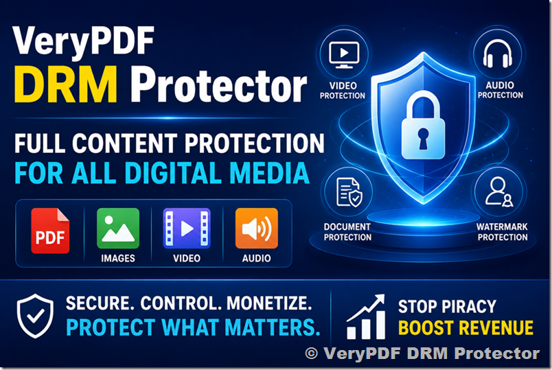 VeryPDF / VeryDRM Launches Advanced DRM Solution for PDF, Image, Video and Audio Content Protection, Preventing Unauthorized Sharing and Expanding Secure Digital Media Control VeryPDF / VeryDRM Launches Advanced DRM Solution for PDF, Image, Video and Audio Content Protection, Preventing Unauthorized Sharing and Expanding Secure Digital Media Control