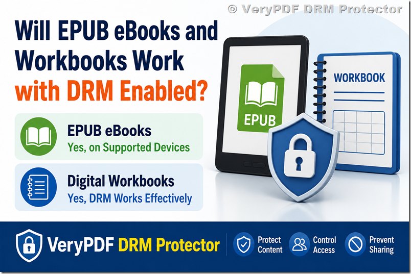 Will an EPUB ebook still work on devices if DRM is enabled? What about a workbook?